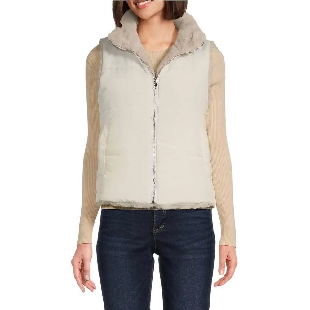 Echo Callum Reversible Faux Fur Zip White Tan Vest Size M